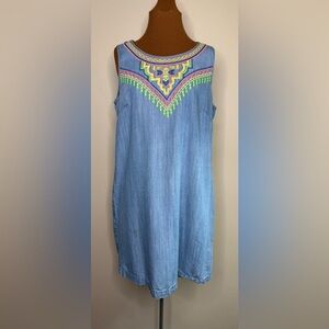 Versona Chambray Blue Embellished Sleeveless Midi Shift Sundress Size Large